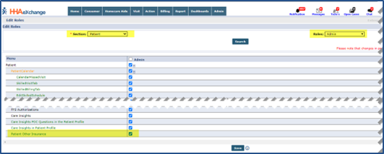 Edit Roles - Patient Other Insurance Permission